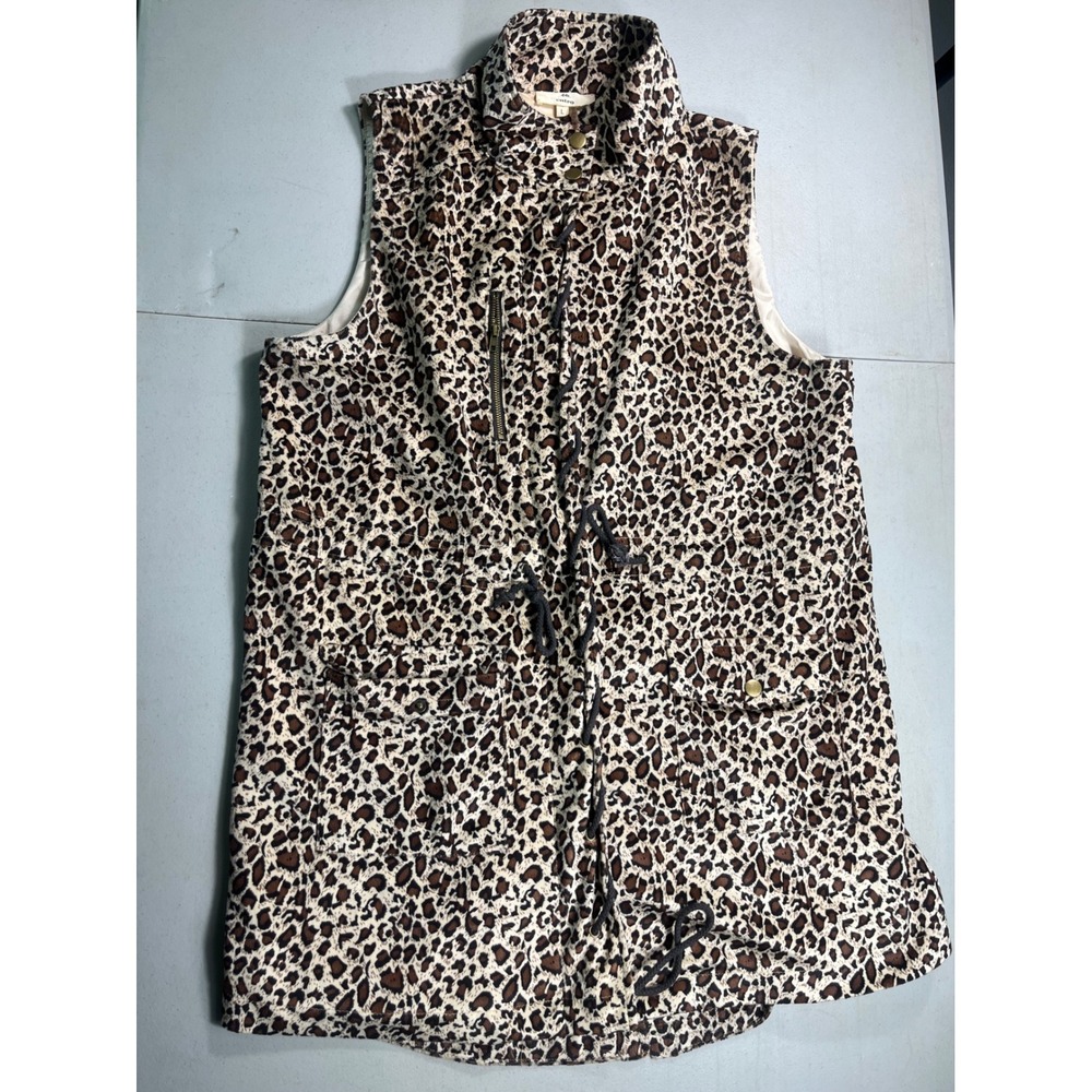 Entro Womens Large Leopard Print Utility Vest Safari Cargo Drawstring Zip